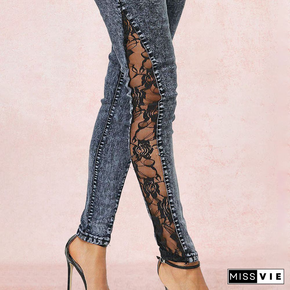 Stylish, Elegant, Slim, Versatile, Personalized Slit Lace Jeans