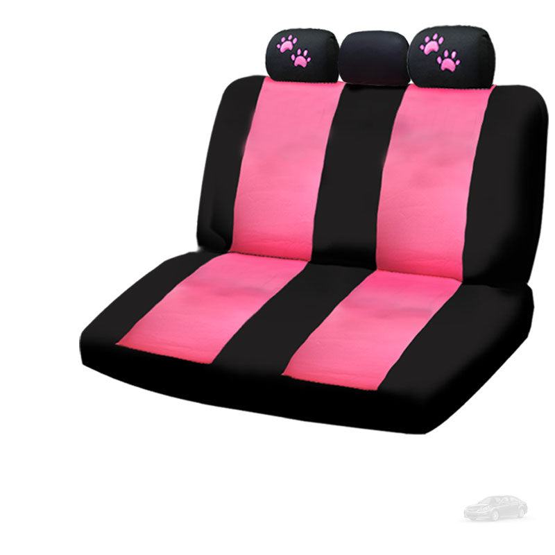 NEW 12 Pieces Flat Polyester Sleek Design Black and Pink Front and Rear Car Seat Covers And Pink Paws Headrest Covers Set with 4 Black Color Carpet Floor Mats Complete Set - Shipping Included