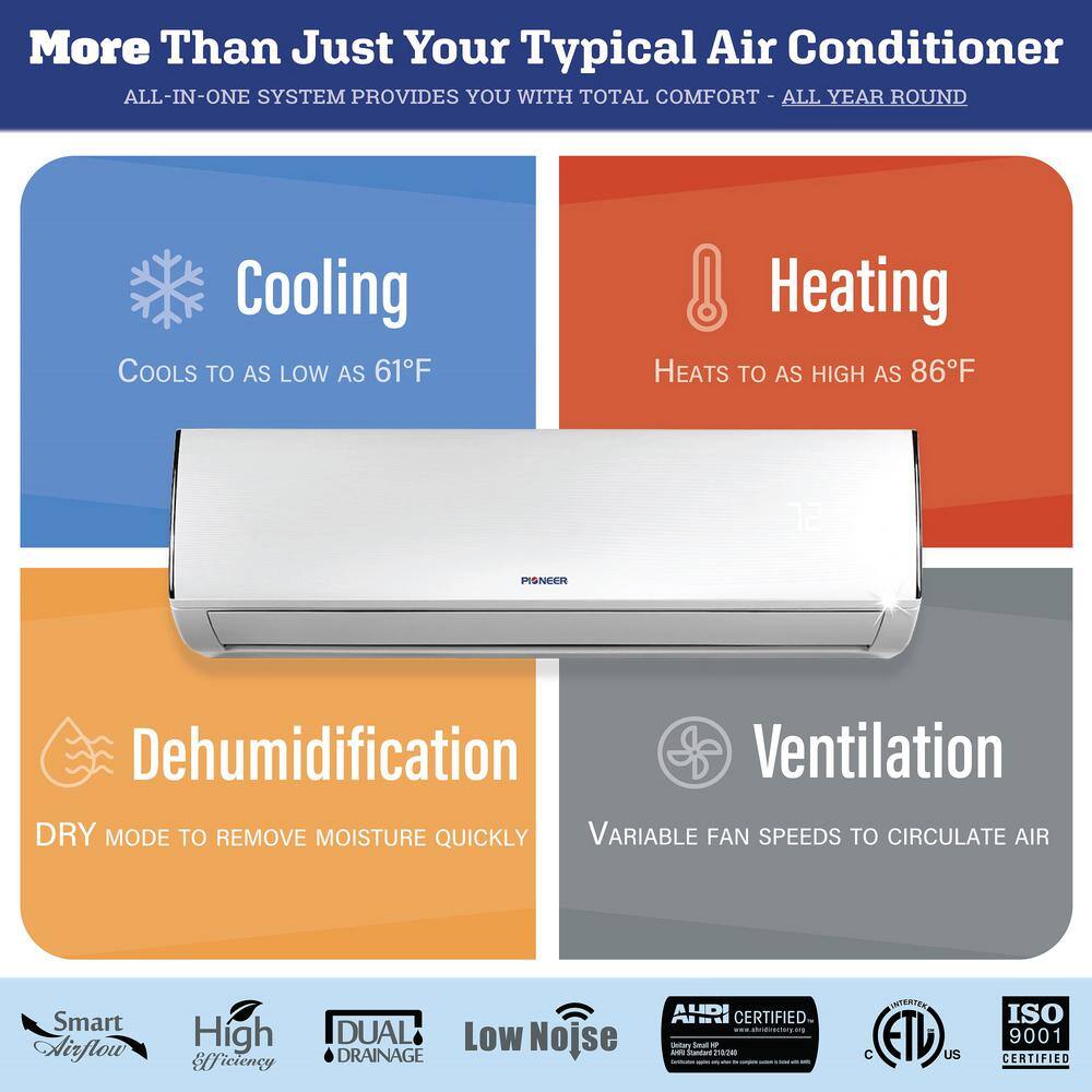 Pioneer Low-Ambient 12000 BTU 1 Ton 19 SEER2 Ductless Mini Split Wall Mounted Inverter Air Conditioner with Heat Pump 208230V WYT012GLFI19RL