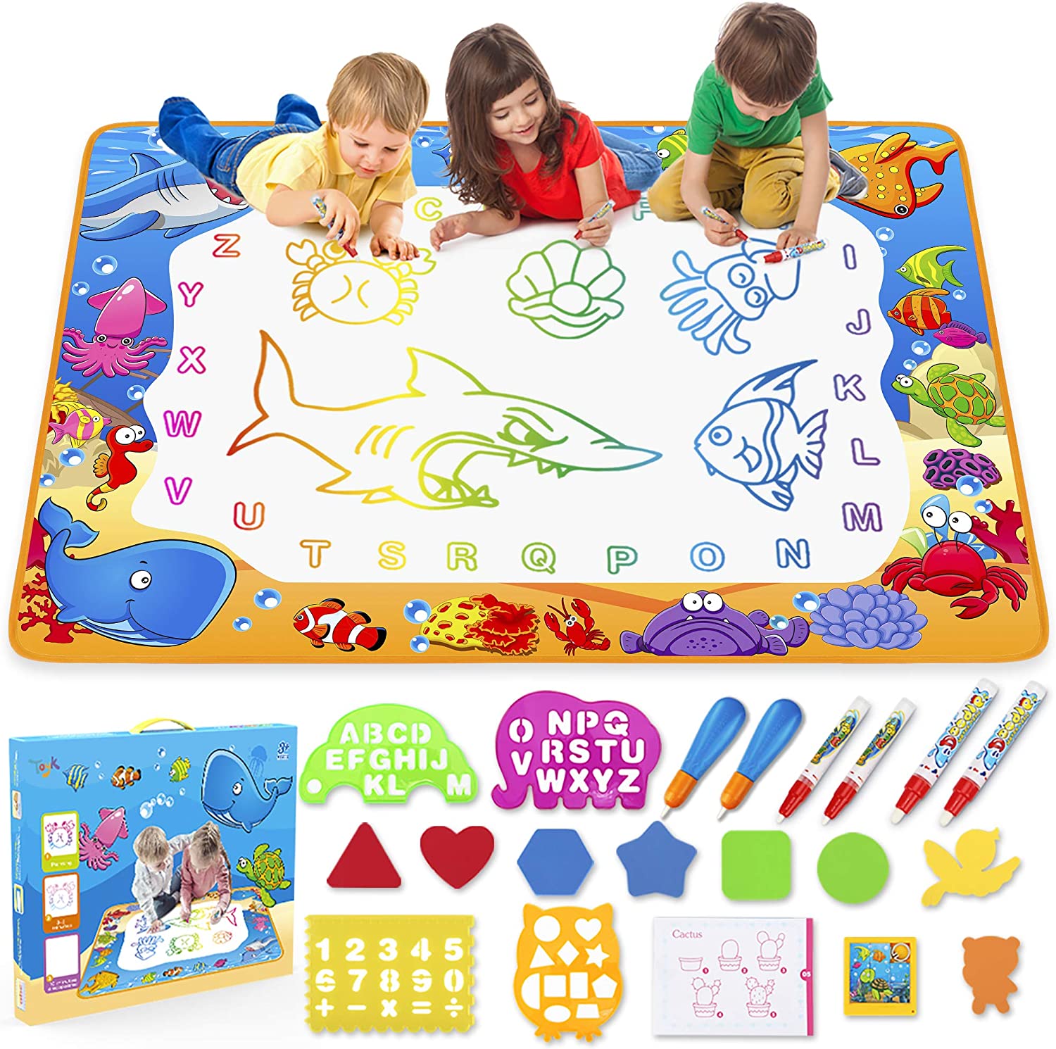 Toyk Water Doodle Mat - Kids Painting Writing Doodle Toy Mat - Color Doodle Drawing Mat Bring Magic Pens Educational Toys for Age 2 3 4 5 6 7 Year Old Girls Boys Age Toddler Gift