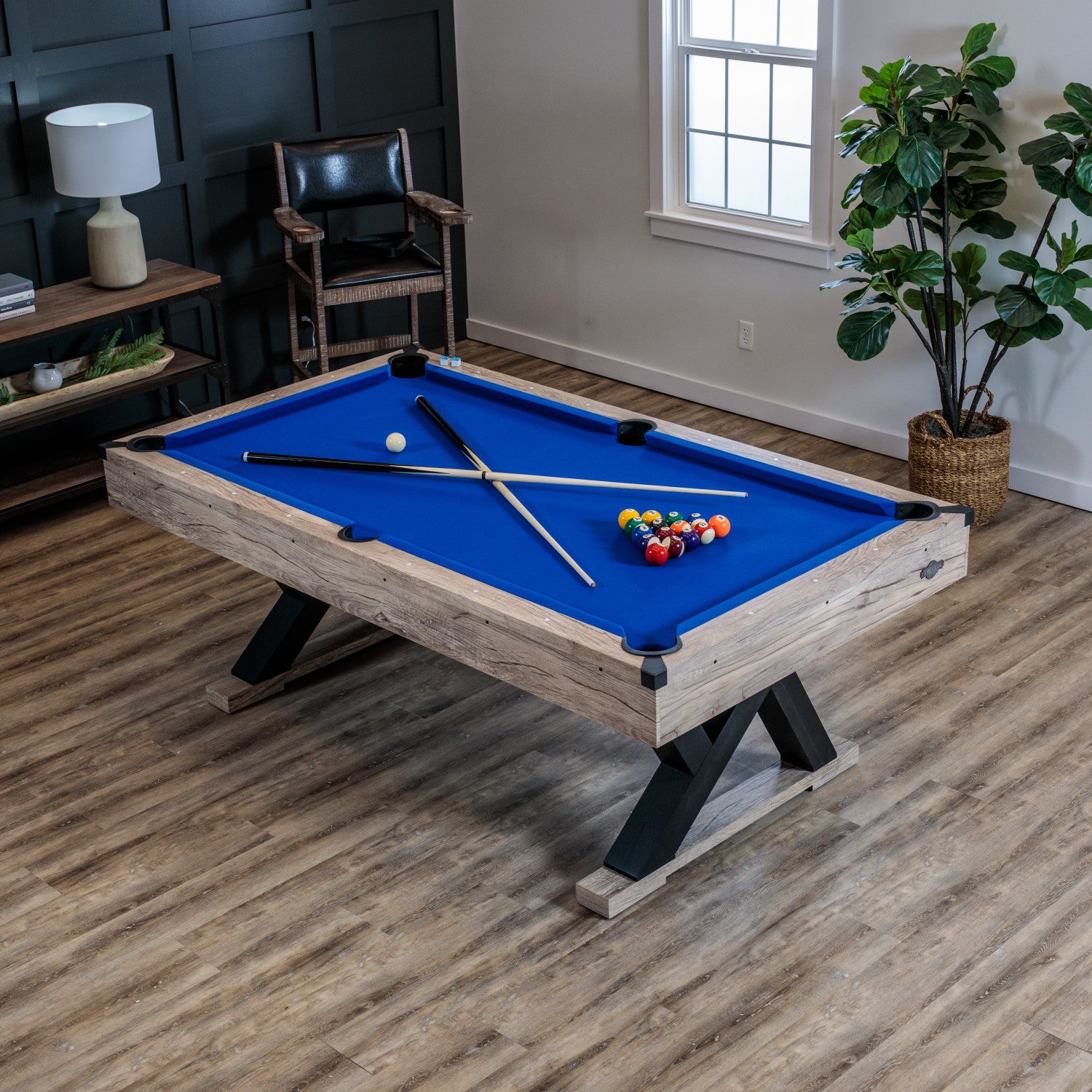 American Legend Kirkwood 84" Billiard Table with Rustic Blond Finish, K-Shaped Legs and Royal Blue Cloth