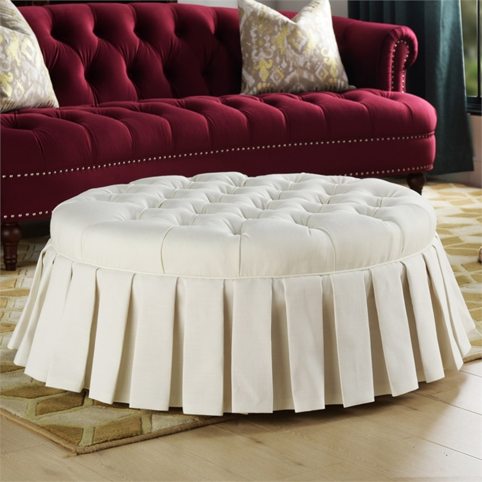 Maklaine Modern Tufted Cocktail Ottoman with Skirt in Antique White   Transitional   Footstools And Ottomans   by Homesquare  Houzz