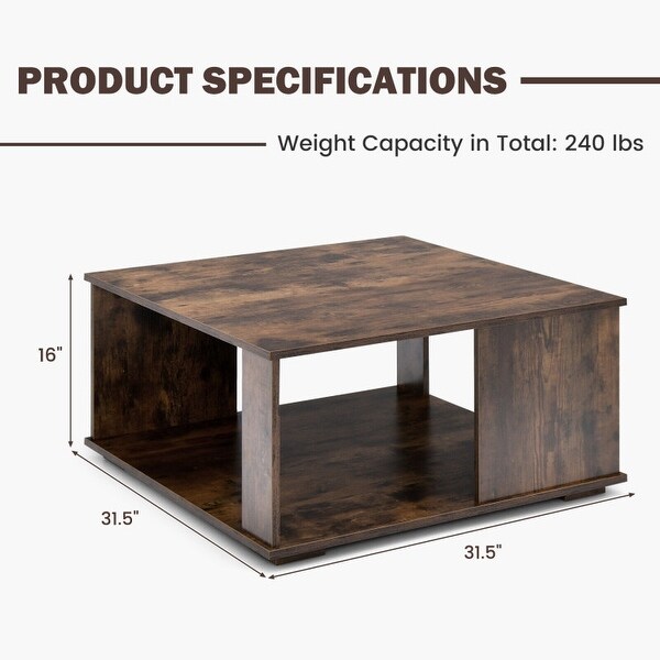 2 Tiers Square Coffee Table with Storage and Non-Slip Foot Pads-Rustic Brown - 31.5