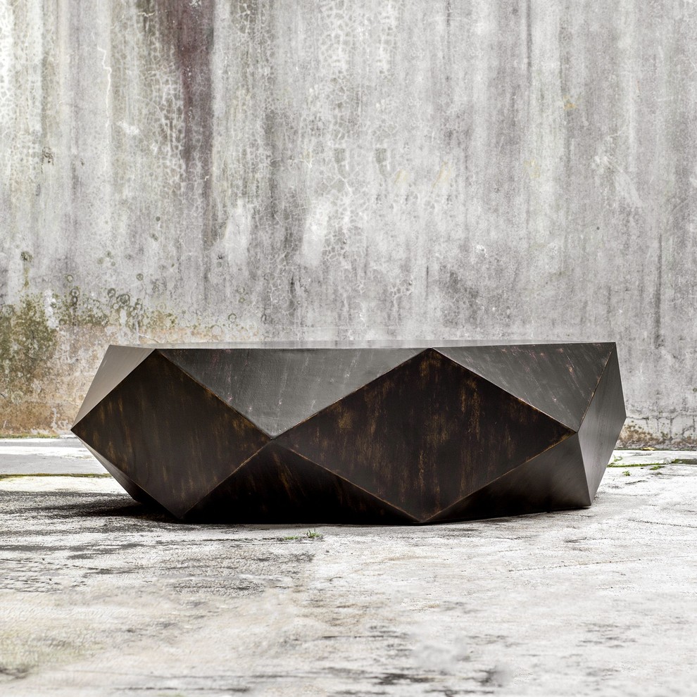 Faceted Large Round Wood Coffee Table  Modern Geometric Block Solid   Contemporary   Coffee Tables   by My Swanky Home  Houzz