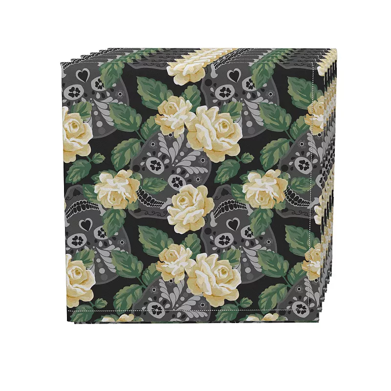 Napkin Set， 100% Polyester， Set of 4， 18x18， White Rose and Skull Faces