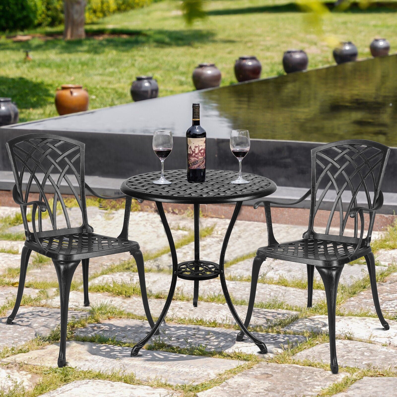 Polar Aurora 3 Piece Cast Aluminum Patio Bistro Set Table Outdoor Round Dining Armchair with Umbrella Hole for Porch， Lawn， Garden， Backyard， Pool， Black