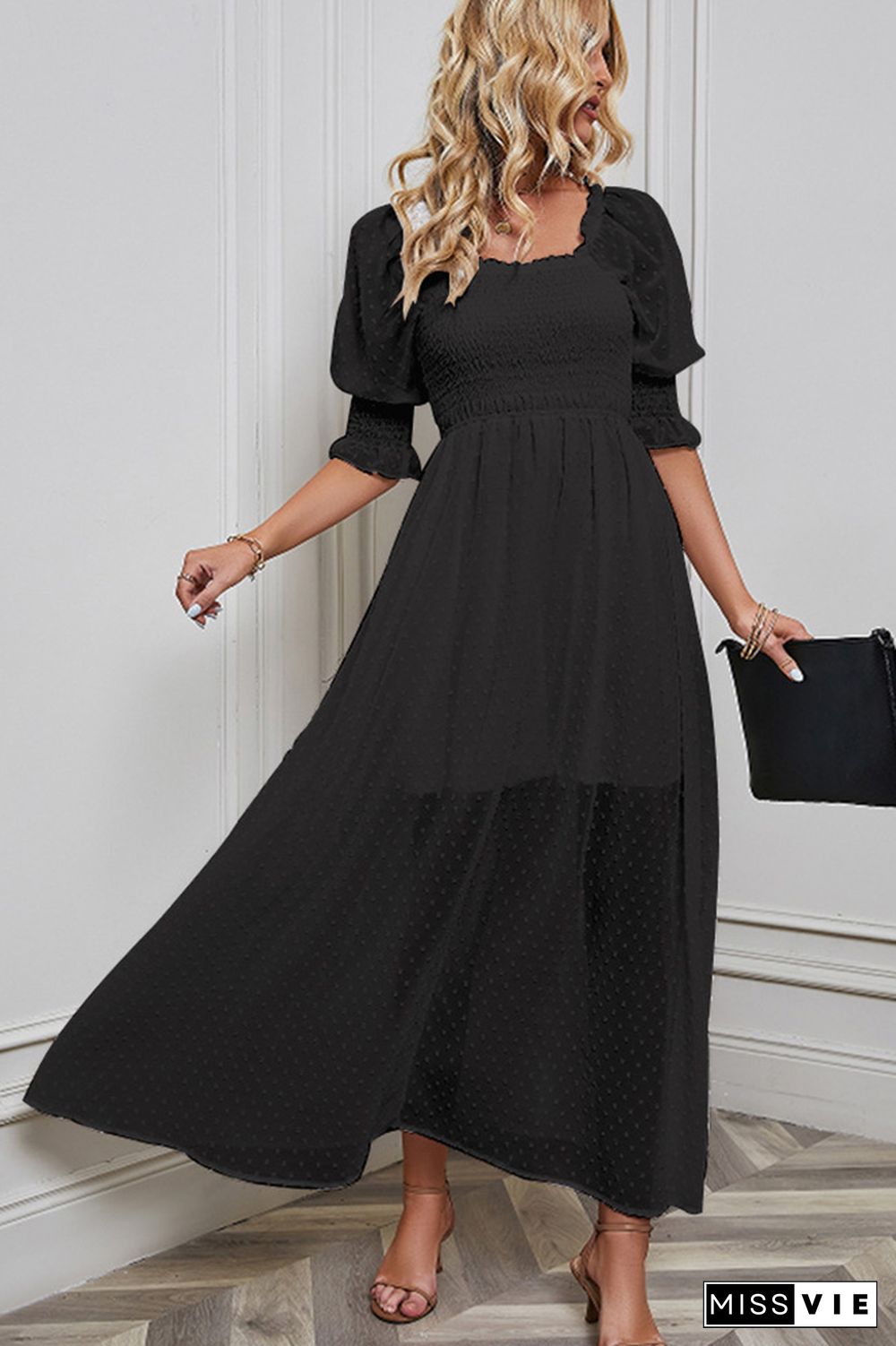 Plain Square Neck Swiss Dot Backless Maxi Dress