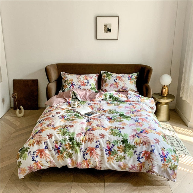 6Pcs Luxury Egyptian Cotton Bedding Set Bright Flamingo Leaf Duvet Cover Bed Fitted sheet