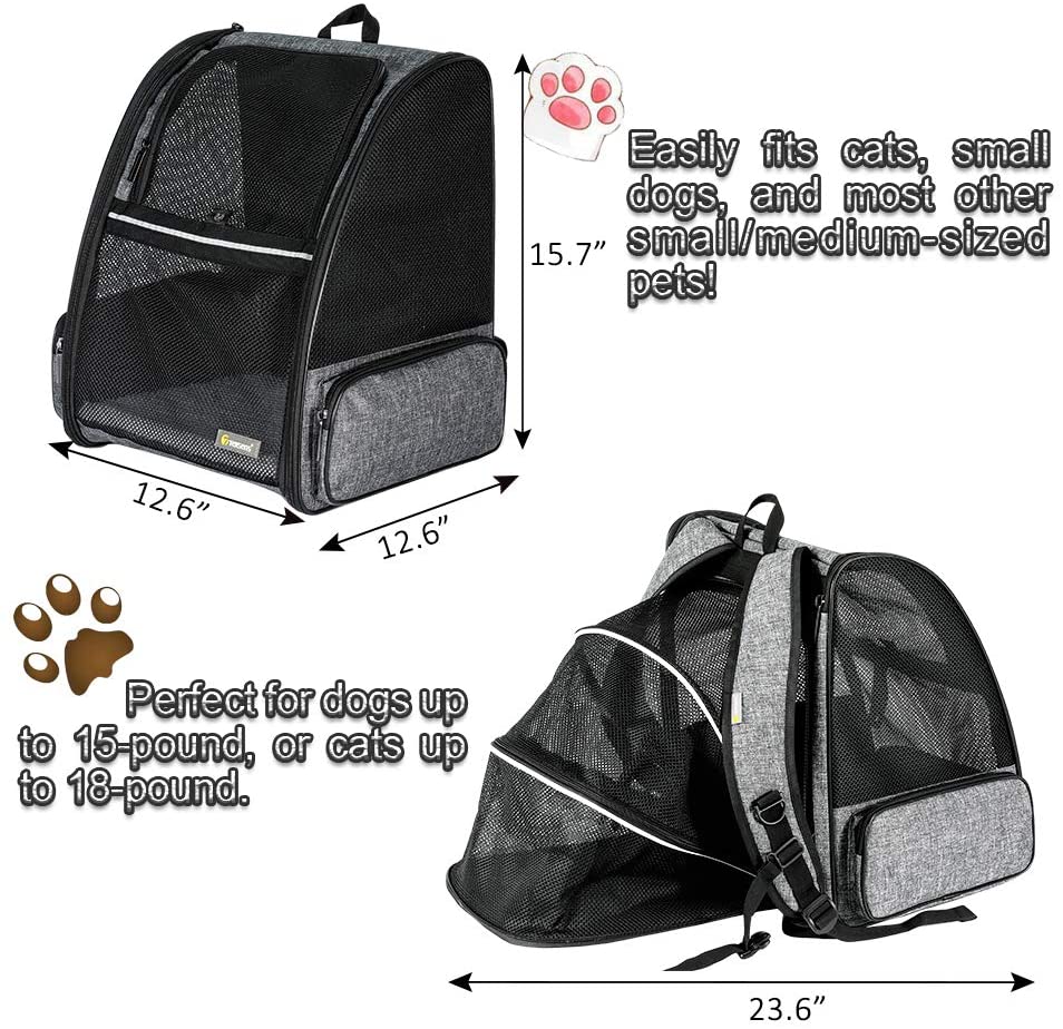 Texsens Cat Backpack Carrier， Super Breathable Carrier Backpack， Airline-Approved Bubble Cats and Puppies Backpacks， Designed for Hiking， Traveland Walking (Expandable Grsy)