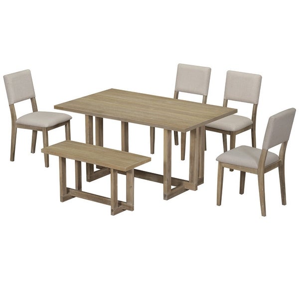 Wooden six-piece dining table H-shaped support design Dining table four chairs upholstered one wooden stool