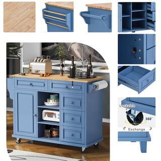 Blue Rubber Wood Desktop 53 in. W Kitchen Island on 5-Wheels with Storage and 5-Drawers MMuunea-01