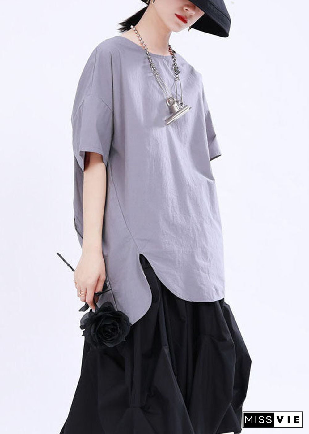 French Grey asymmetrical design Button Patchwork Fall Shirt Half Sleeve