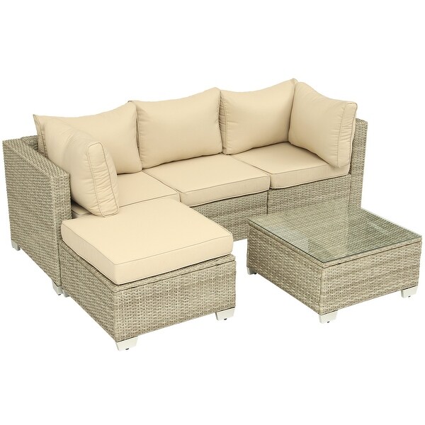 5Piece HandWoven PE Wicker Outdoor Patio Sectional Sofa Set with Cushions and Coffee Table