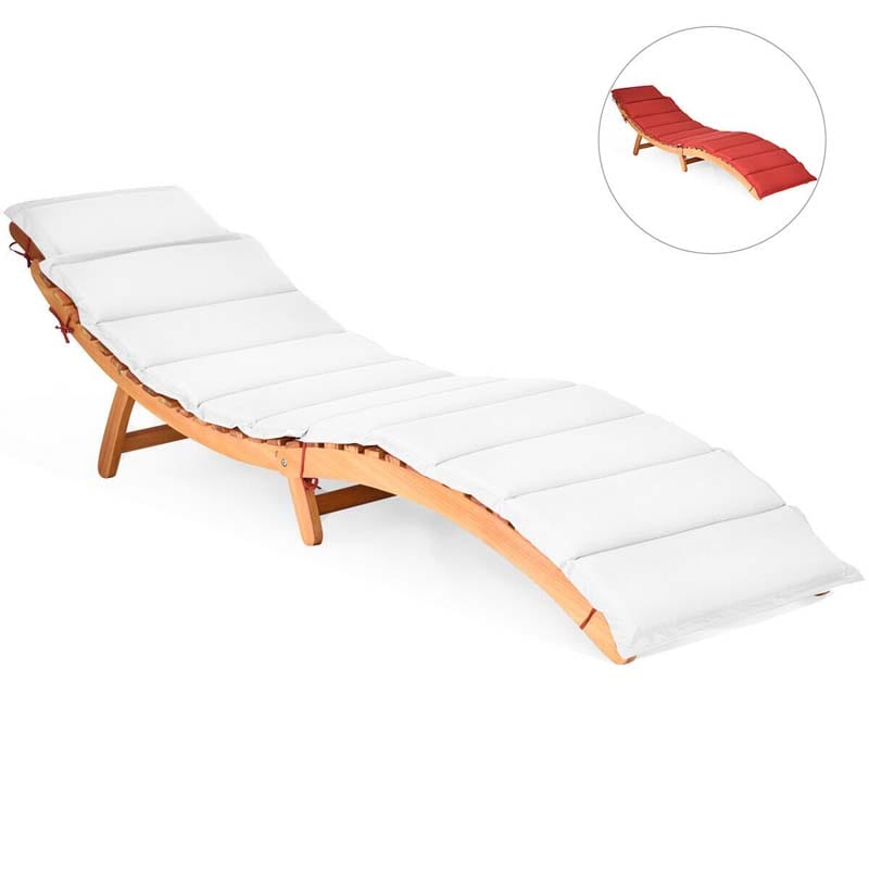 Wood Folding Patio Chaise Lounge Chair, Double-Sided Cushioned Outdoor Sun Lounger for Pool Beach Lawn