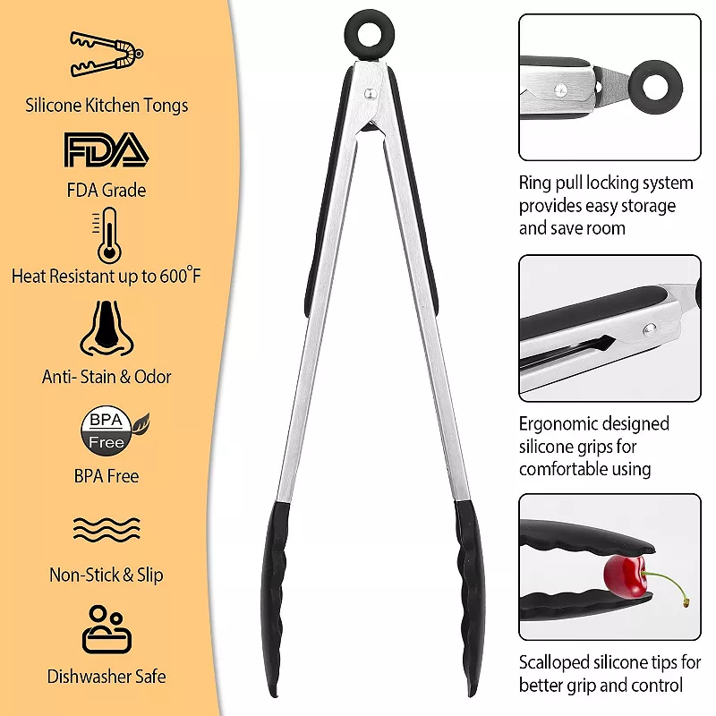 Silicone Kitchen Tongs， Stainless Steel， High Heat Resistance， Easy to Clean and Store