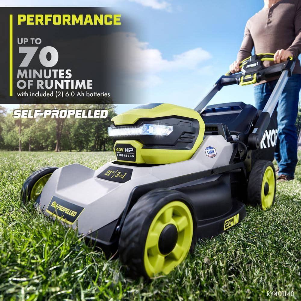 RYOBI 40V HP Brushless 21 in. Cordless Walk Behind Self-Propelled Lawn Mower & Trimmer - (3) Batteries/(2) Rapid Chargers RY401140-4X