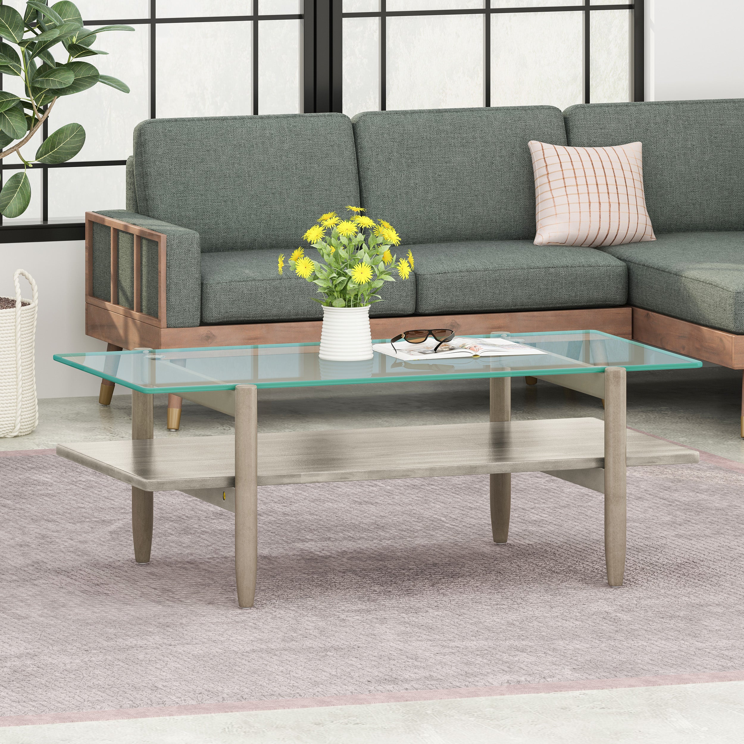 Noble House Grantlee Acacia Wood Coffee Table with Tempered Glass Top, Gray Finish