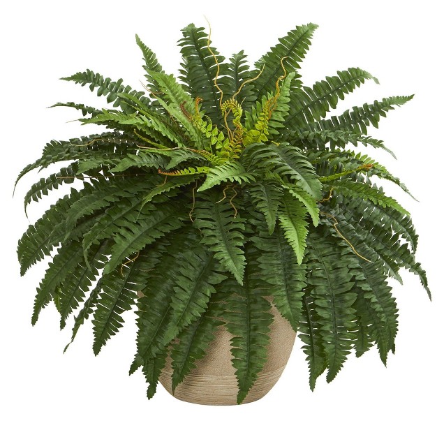 Nearly Natural 22” Boston Fern Artificial Plant In Sandstone Planter