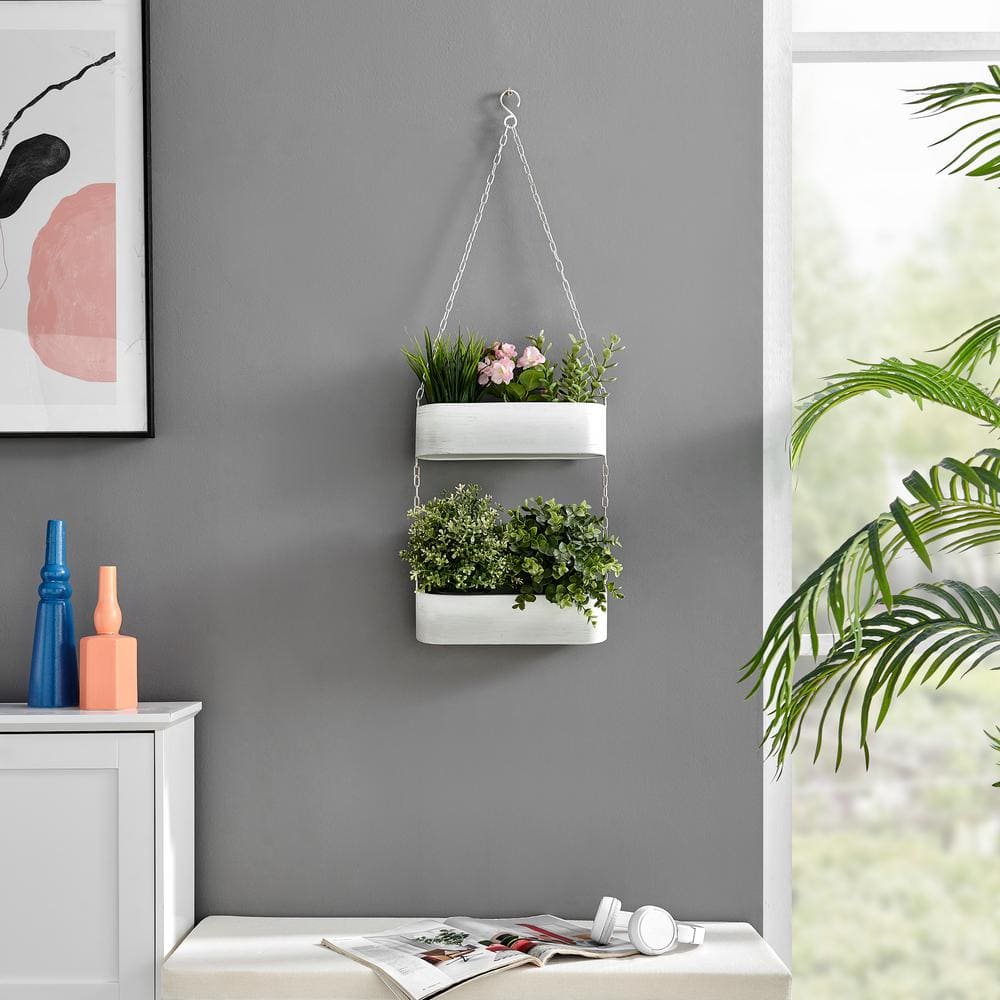 DANYA B Two-Tier Hanging White Metal Trough Wall Planter FHB5731WH