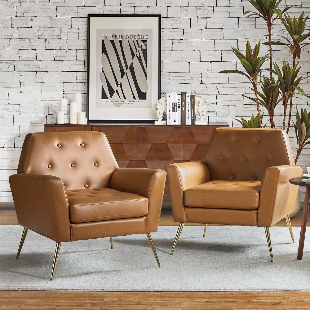 Lilia Modern Leather Button Tufted Arm Chair with Gold Accent Legs Set of 2 by HULALA HOME