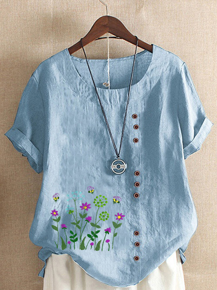 Round Neck Casual Loose Floral Print Short Sleeve Blouse