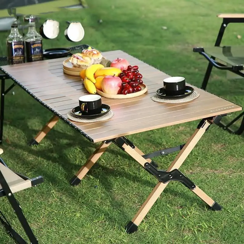 Wood Grain Outdoor Foldable Picnic Camping Aluminum Folding Table Roll Up Portable Egg Roll Table