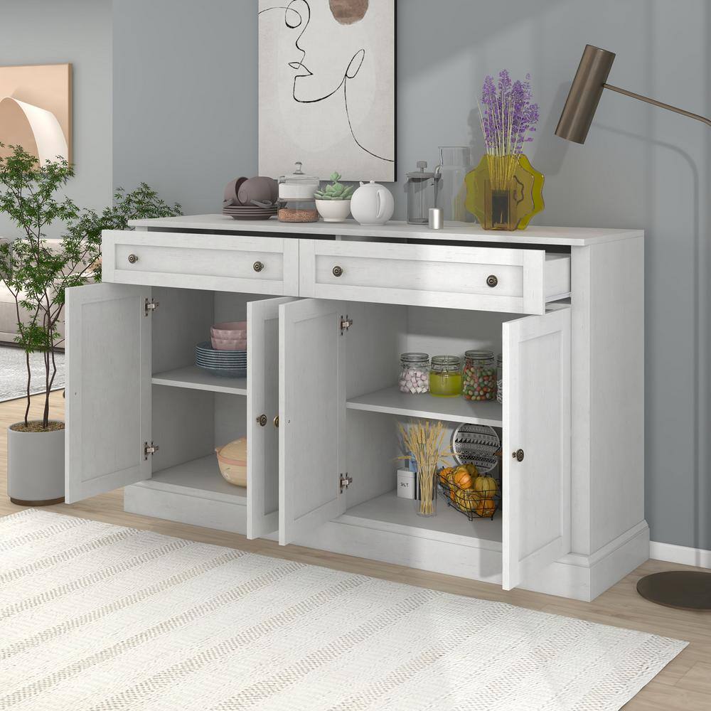 Runesay 54 in. W x 15.7 in. D x 31.5 in. H Antique White MDF Ready to Assemble Kitchen Cabinet Sideboard with Drawers and Doors KCAW-2242