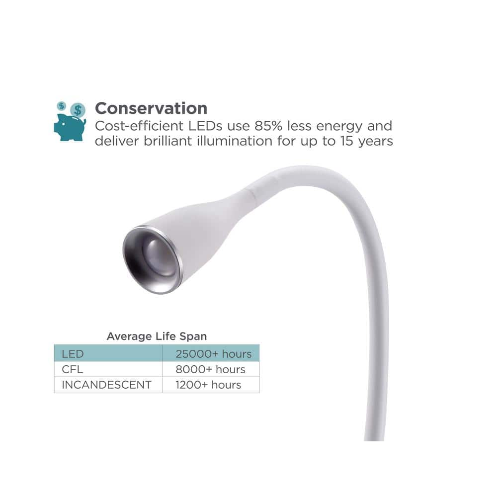 BLACK+DECKER 11 in. White Gooseneck LED Desk Lamp with Adjustable Color Temperature VLED1824WHITE-BD