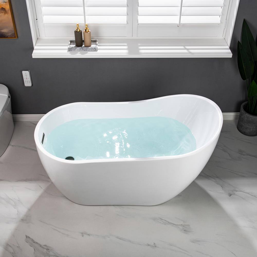 WOODBRIDGE Milo 54 in. Acrylic FlatBottom Single Slipper Bathtub with Matte Black Overflow and Drain Included in White HBT5588