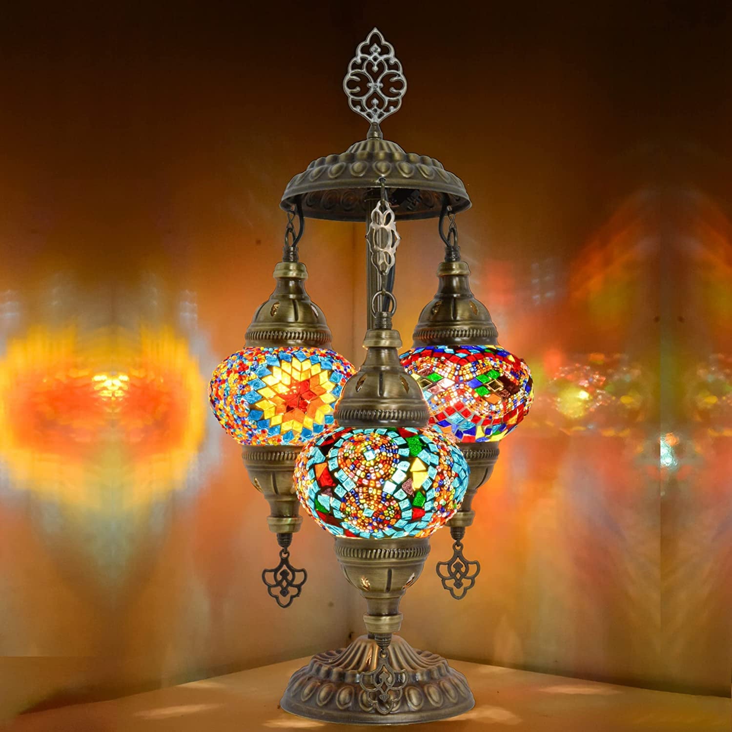 SHADY Tiffany Style Turkish Stained Glass Table Lamp  3 Globe Mosaic Moroccan Desk Light  Bohemian Vintage Bedroom Nightstand  Antique Handmade Rustic Decor Colorful Lighting (Cappadocia