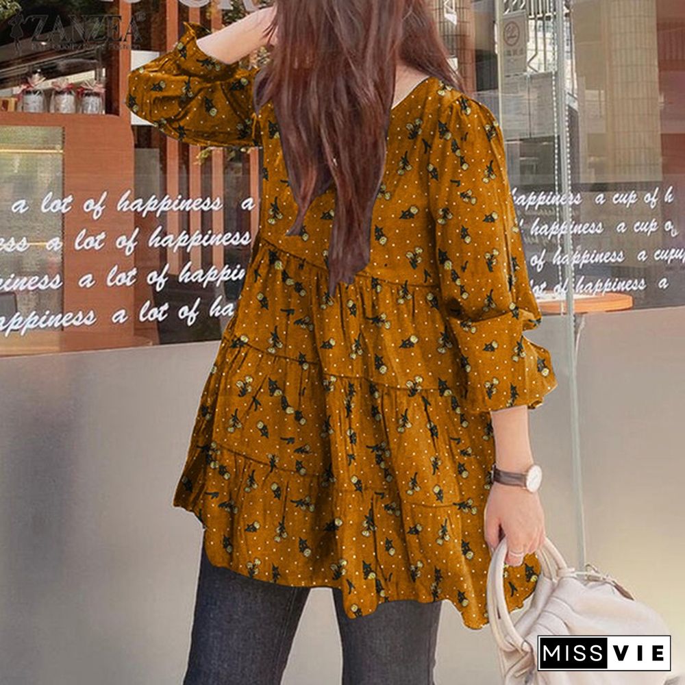 Plus Size Women Spring Casual Daily Long Puff Sleeve O-Neck Cotton Floral Printing Loose Shirt Blouse