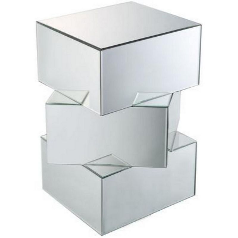 Mirror and Glass End Table with Unique Geometrical Base Design， Silver