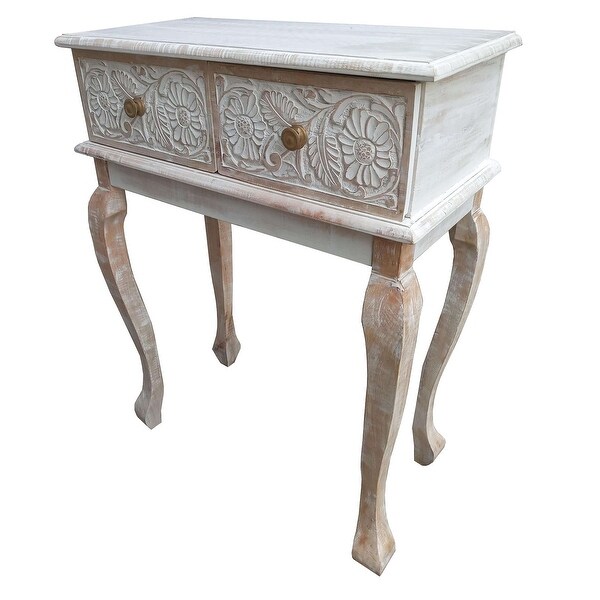 2 Drawer Mango Wood Console Table with Floral Carved Front， Brown and White