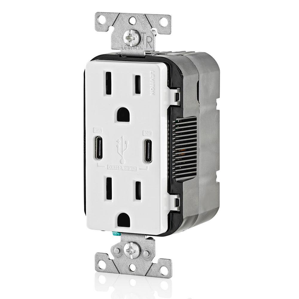 Leviton 15 Amp White Duplex Tamper-Resistant Outlets with 6 Amp USB Dual Type-C Power Delivery In-Wall Chargers R02-T5635-0BW