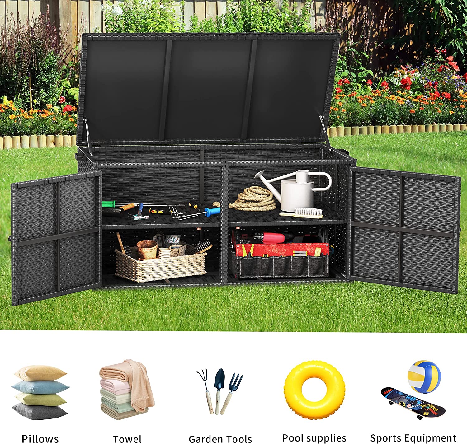 YITAHOME 120 Gallon Outdoor Wicker Storage Box, Large Rattan Deck Box Double Openable Door with Lid and Separate Storage Shelf for Patio, Cushions, Garden Tools, Pools & Sports Equipment (Black)