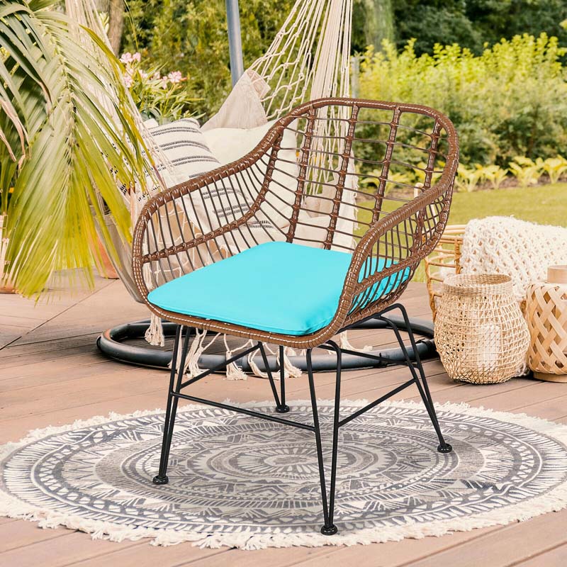 3 Pcs Patio Conversation Bistro Set Outdoor Rattan Furniture Set with Round Table & 2 Rattan Cushioned Armchairs