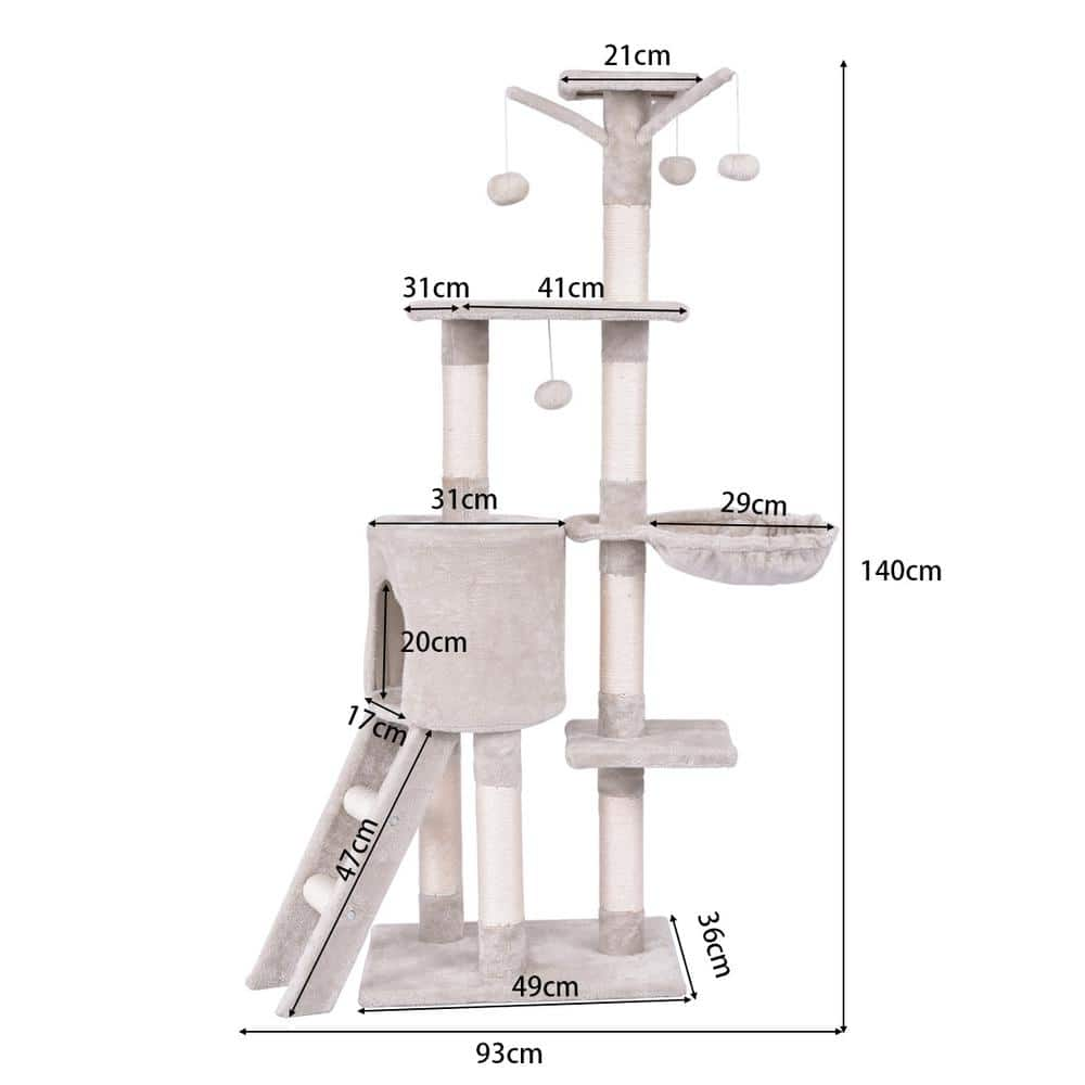 WELLFOR Beige Cat Trees and Scratch Posts Furniture Cover Kitten Climbing Tower Cat Condo with Sisal-Covered Posts and Ladder PS-HWY-7389BE