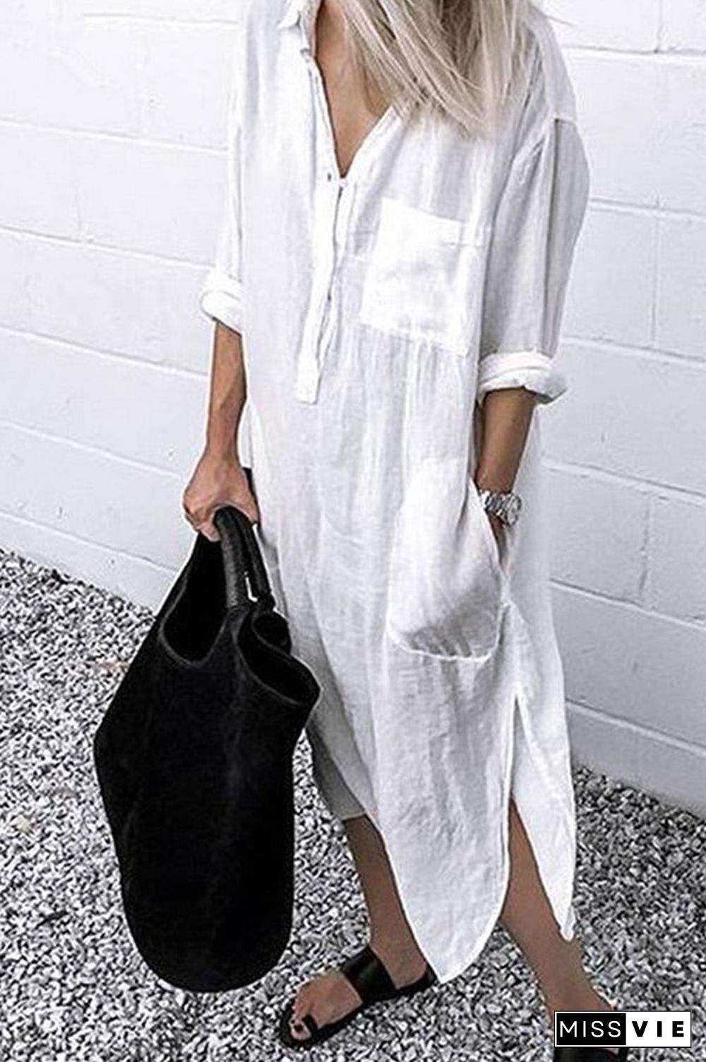 Casual Solid Color Split Shirt Dress