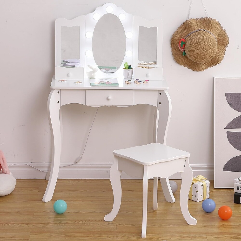 Girls Vanity Table with Tri Folding Mirror  Light Stool   Drawer