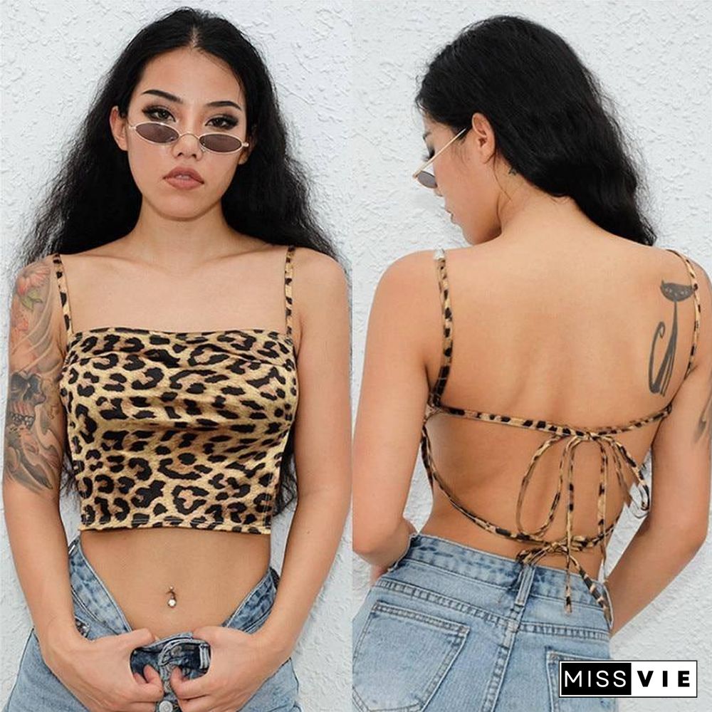 Sexy Womens Summer Leopard Camis Tanks Crop Tops Ladies Backless Tees Bandeau Sleeveless Vest Camis Tops Clubwear