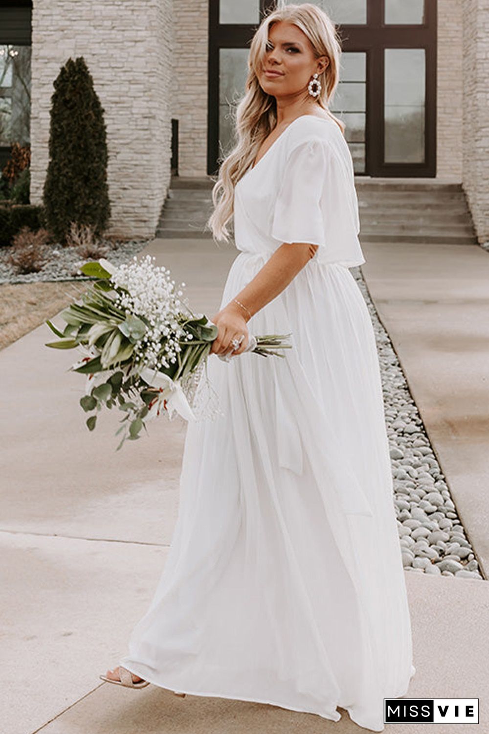 White Wrap V Neck Belted Plus Size Flowy Maxi Dress