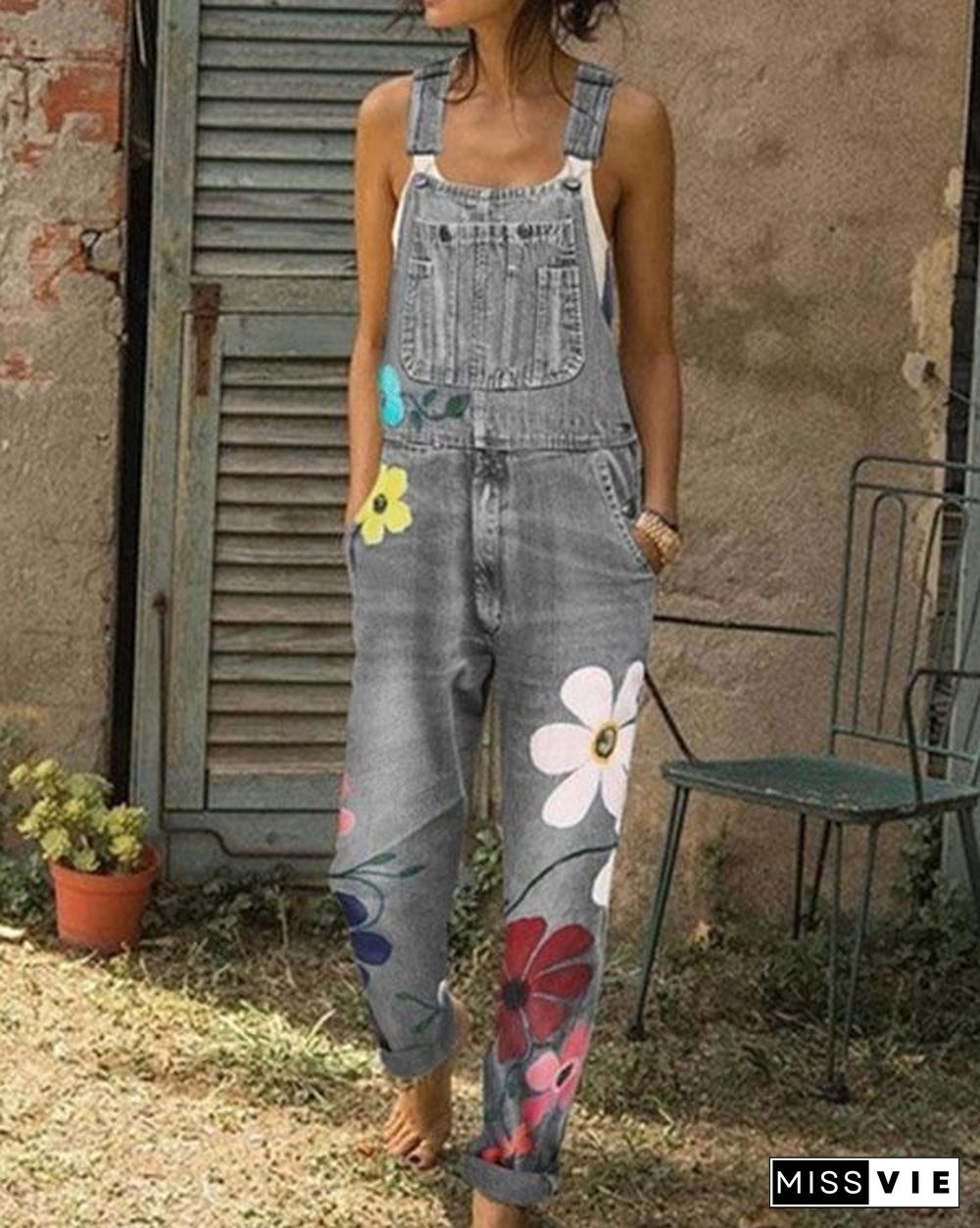 Sleeveless Denim Floral Floral-Print One-Pieces Jumpsuits