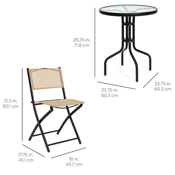 3Piece Patio Bistro Dining Furniture Set w/Textured Glass Tabletop，2 Folding Chairs，Steel Frame，Polyester Fabric