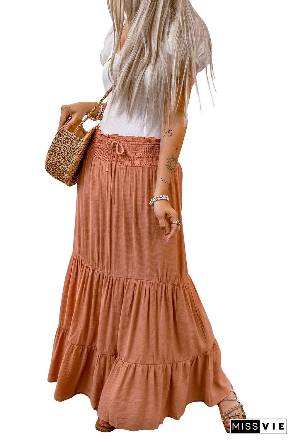 Orange Tie Smocking High Waist Tiered Maxi Skirt