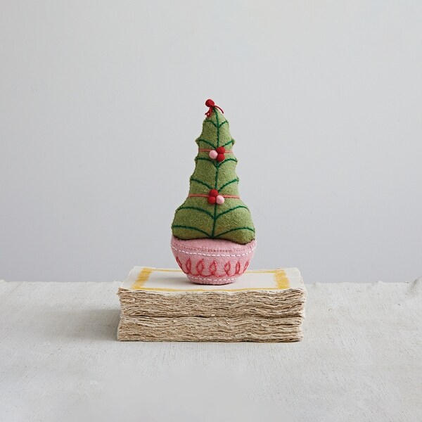 Handmade Wool Felt Tree with Embroidery and Pom Poms