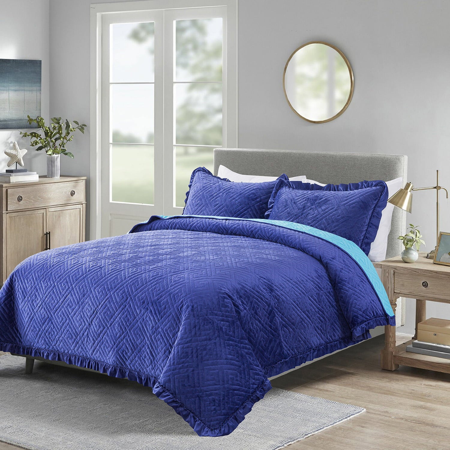 JML 3 Piece Velvet Quilt Set with 2 Shams， Soft Quilted Bedspread Coverlet， Queen， Navy