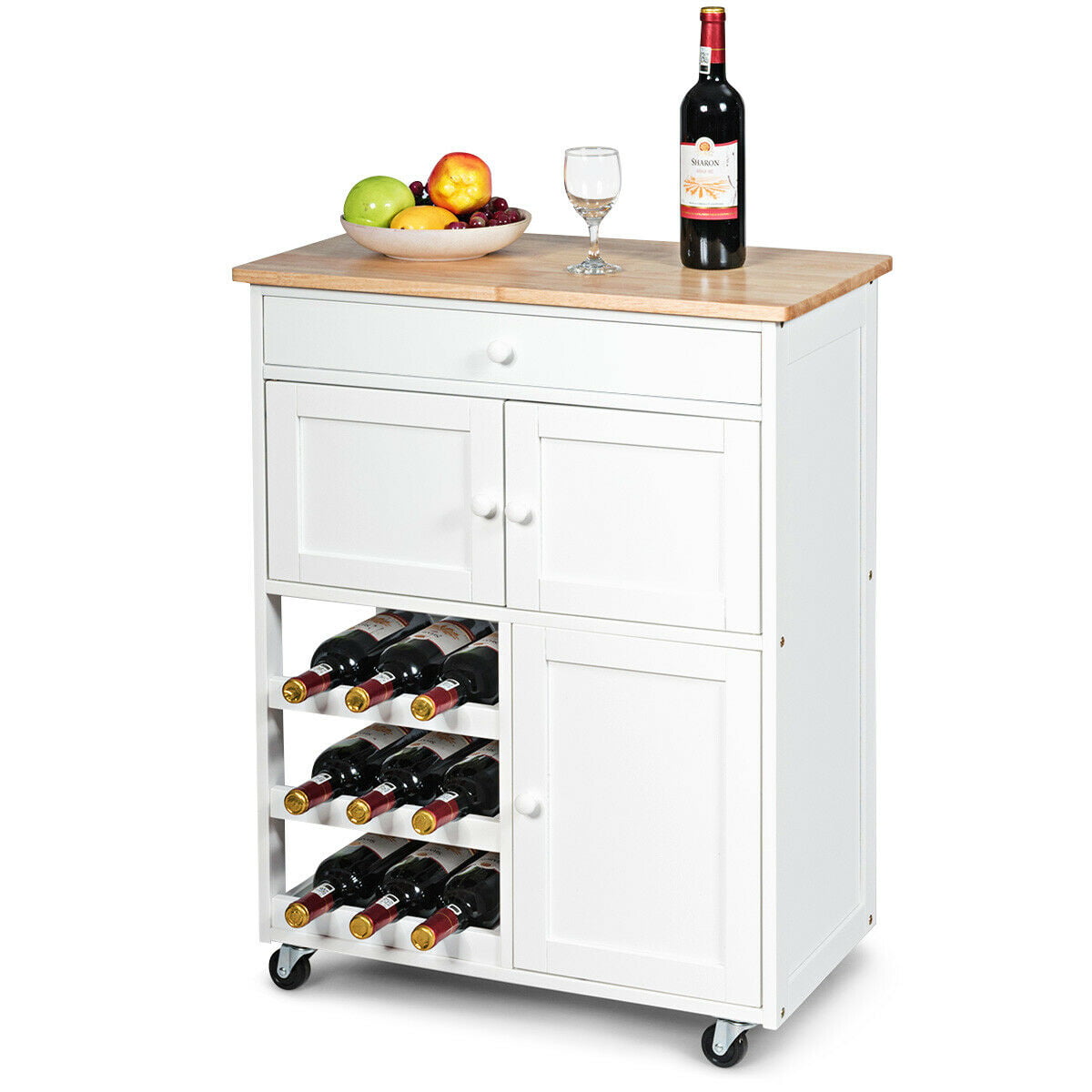 Gymax Modern Rolling Kitchen Cart Trolley Island Storage Cabinet w/DrawerandWine Rack