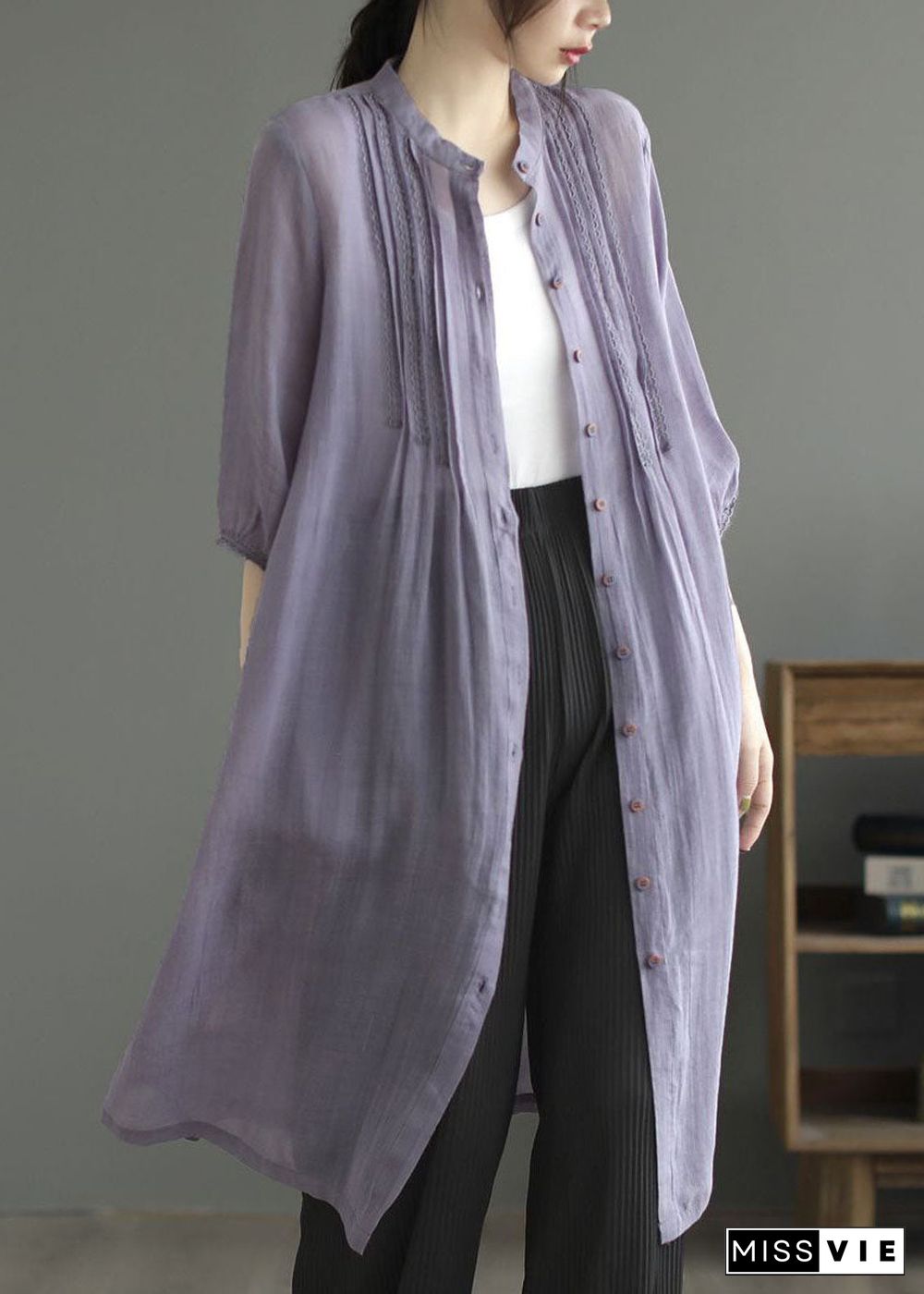 Art Purple Stand Collar Wrinkled Patchwork Linen Shirts Dresses Summer