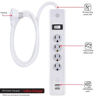 GE 4-Outlet 2 USB Port Surge Protector with 6 ft. Cord White 36391