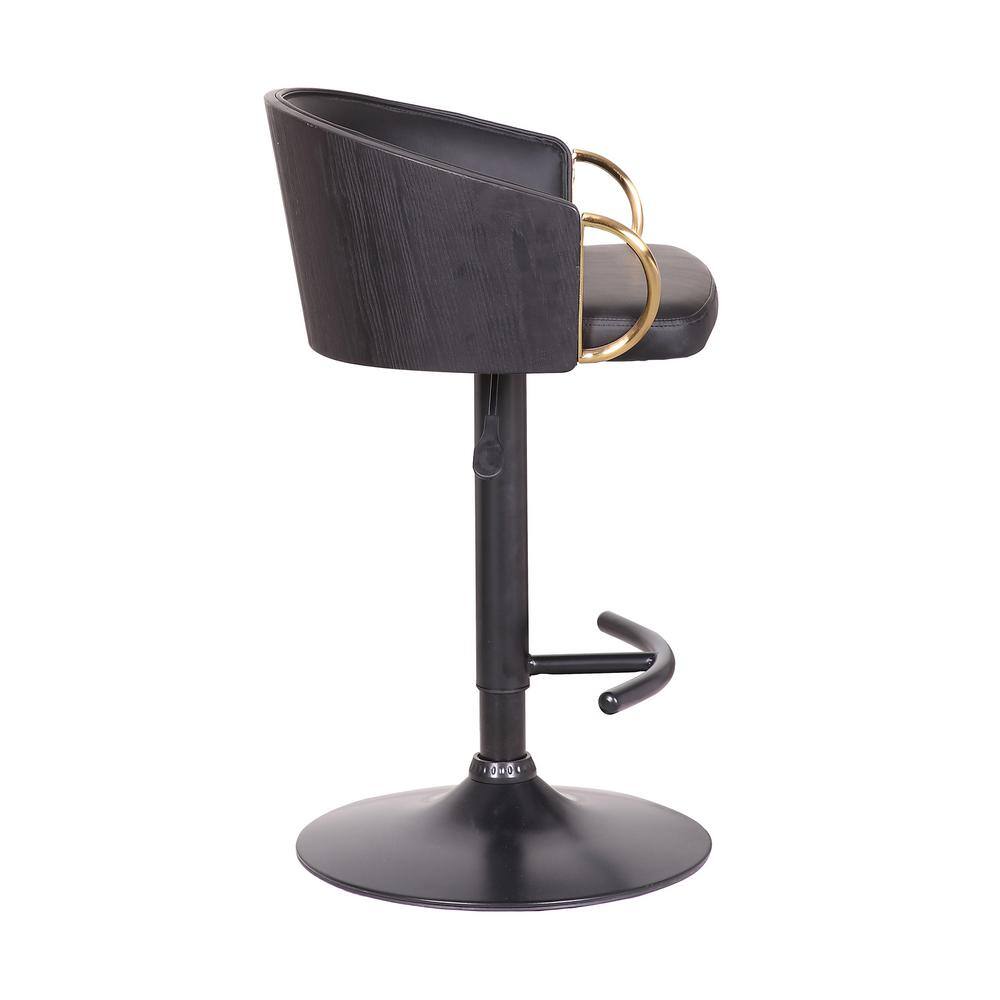 Armen Living Solstice Adjustable Black Faux Leather Swivel Barrstool With Black Powder Coated Finish and Gold Accents LCSCBABLBL